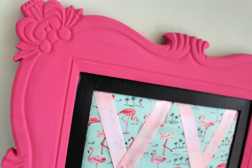 old mirror turned into "Perfect in Pink" memo board with flamingo fabric